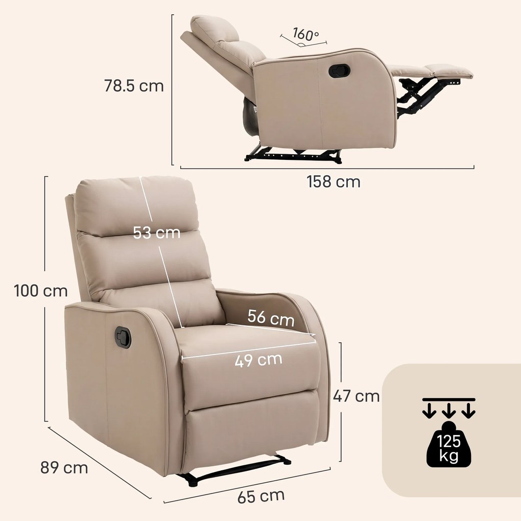 HOMCOM Fotoliu Reclinabil 160° cu Suport pentru Picioare, din Piele PU, Lemn și Oțel, 65x89x100 cm, Maro Deschis | Aosom Romania