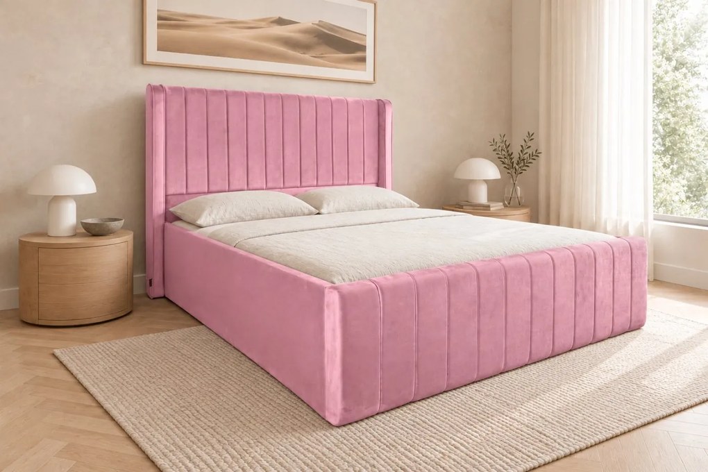 Pat tapițat din catifea Aurelia Simple 200×200 cm, roz, cu ladă de depozitare