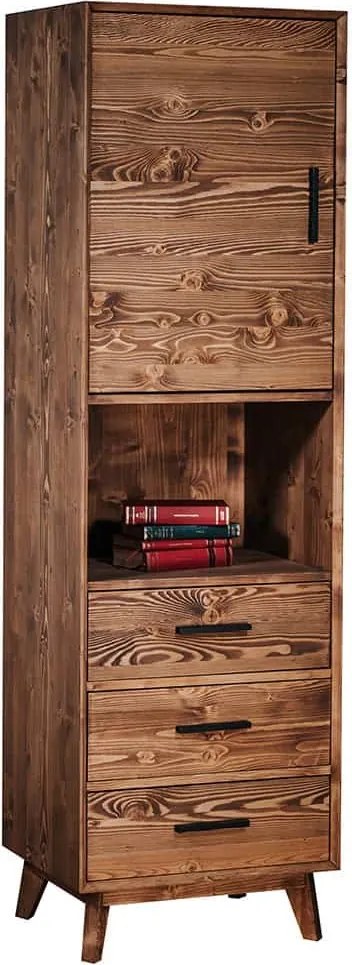 Vitrină lemn masiv Timeless 3 Sertare 1 Ușă 1 Nișă Whisky, 55 × 45 × 190 cm - Usă de sticlă