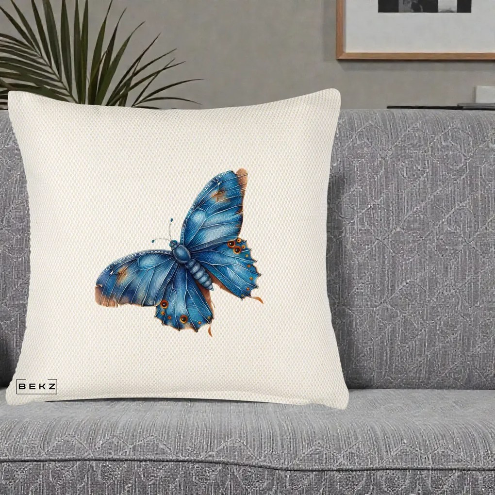 Perna Decorativa Fluture Albastru Satin cu Pete Aurii, 40x40 cm, Crem Reliefat, Husa Detasabila, Perna Inclusa, BEKZ®