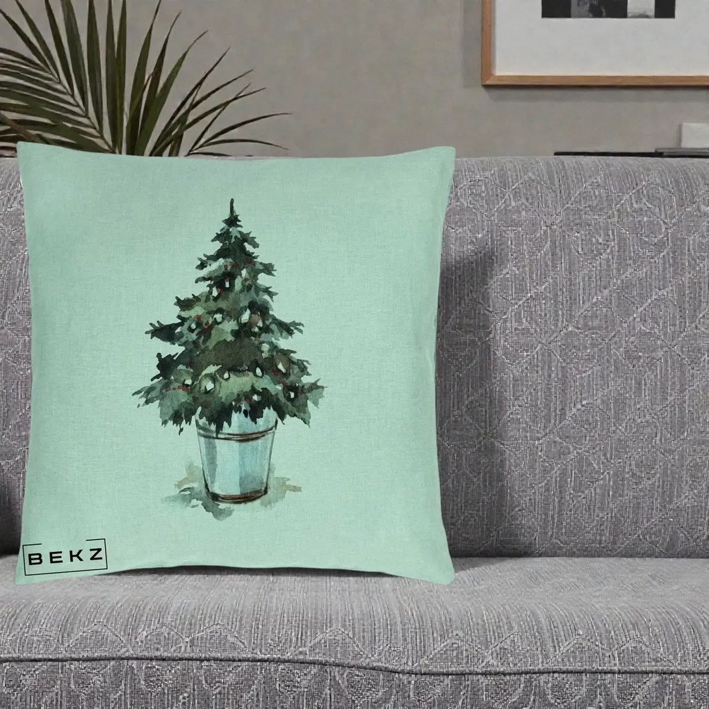 Perna Decorativa Brad in Galeata Watercolor, 40x40 cm, Verde Menta, Husa Detasabila, Perna Inclusa, BEKZ®