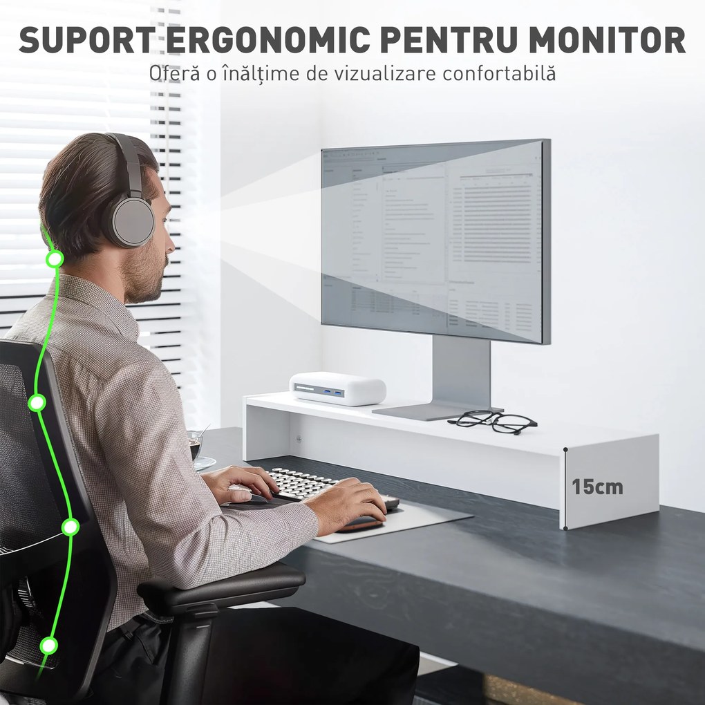 HOMCOM Suport monitor până la 16kg, cu 2 Compartimente de Depozitare, 100x27x15 cm, Alb | Aosom Romania