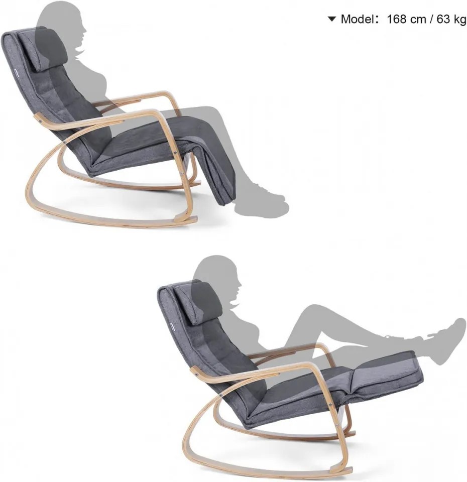 Fotoliu balansoar, lemn de mesteacan / textil, gri inchis / natural, Songmics