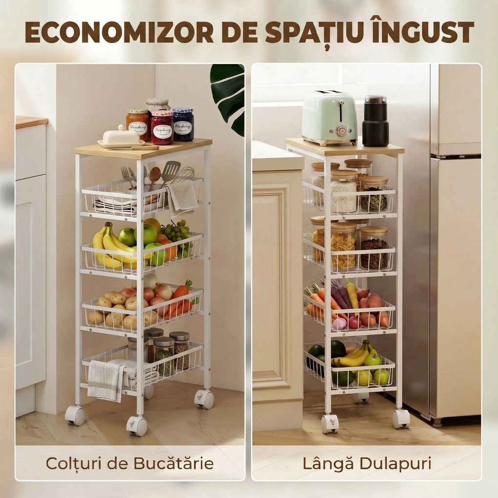 HOMCOM Cărucior Metalic cu 4 Rafturi și Coșuri Detașabile, Alb | Aosom Romania