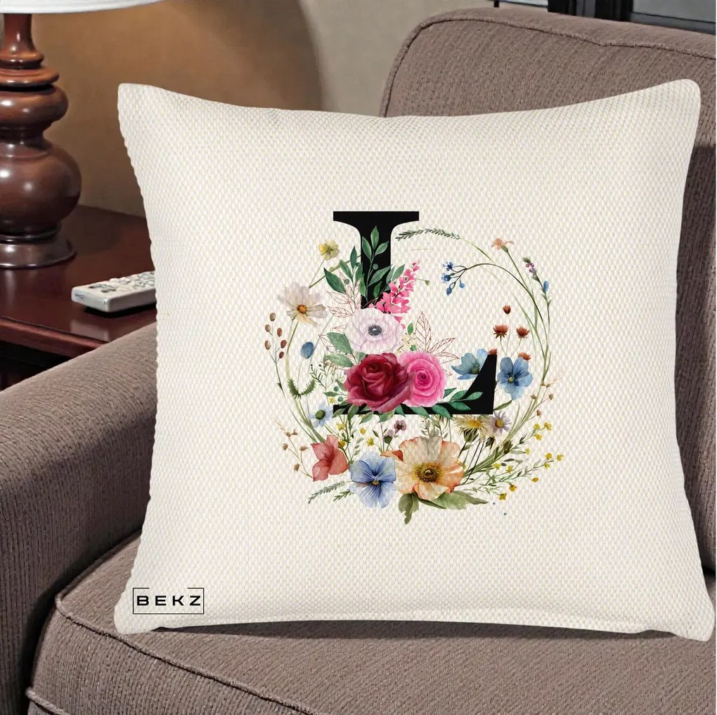 Cadou Personalizat - Perna Personalizata Monogram Litera L cu Flori Acuarela, 40x40 cm, Crem Reliefat, Husa Detasabila, Perna Inclusa, BEKZ®