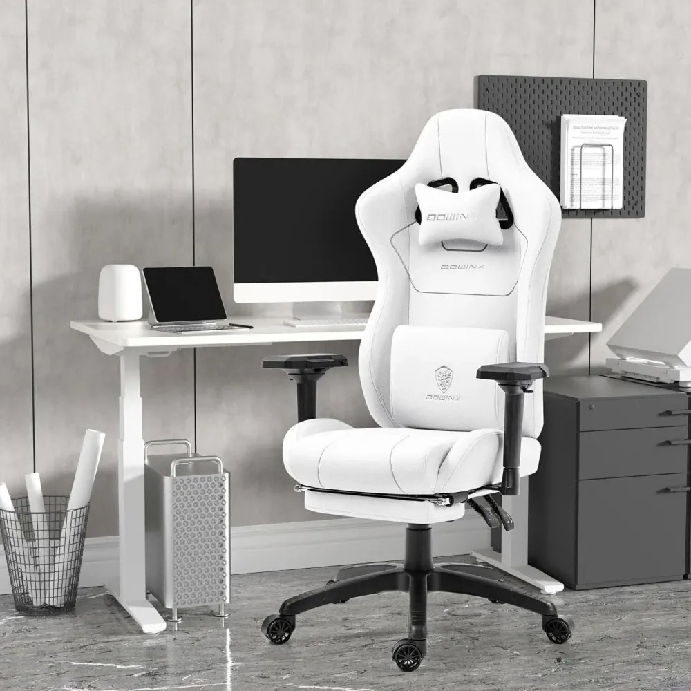 DOWINX 6657B - Scaun Gaming Ergonomic, Masaj in perna lombara, Șezut cu Arcuri Metalice și Spumă, Cotiere 4D, Suport pentru picioare, Rabatabil, Rezistent 136 kg, Material textil, Alb