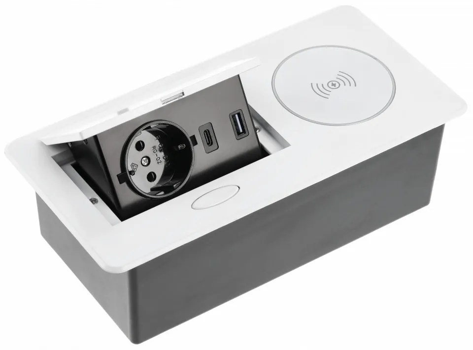 Priza incorporabila dreptunghiulara, 1 priza schuko, 2 USB A, cablu 1.5 m, alba, incarcare wireless, GTV
