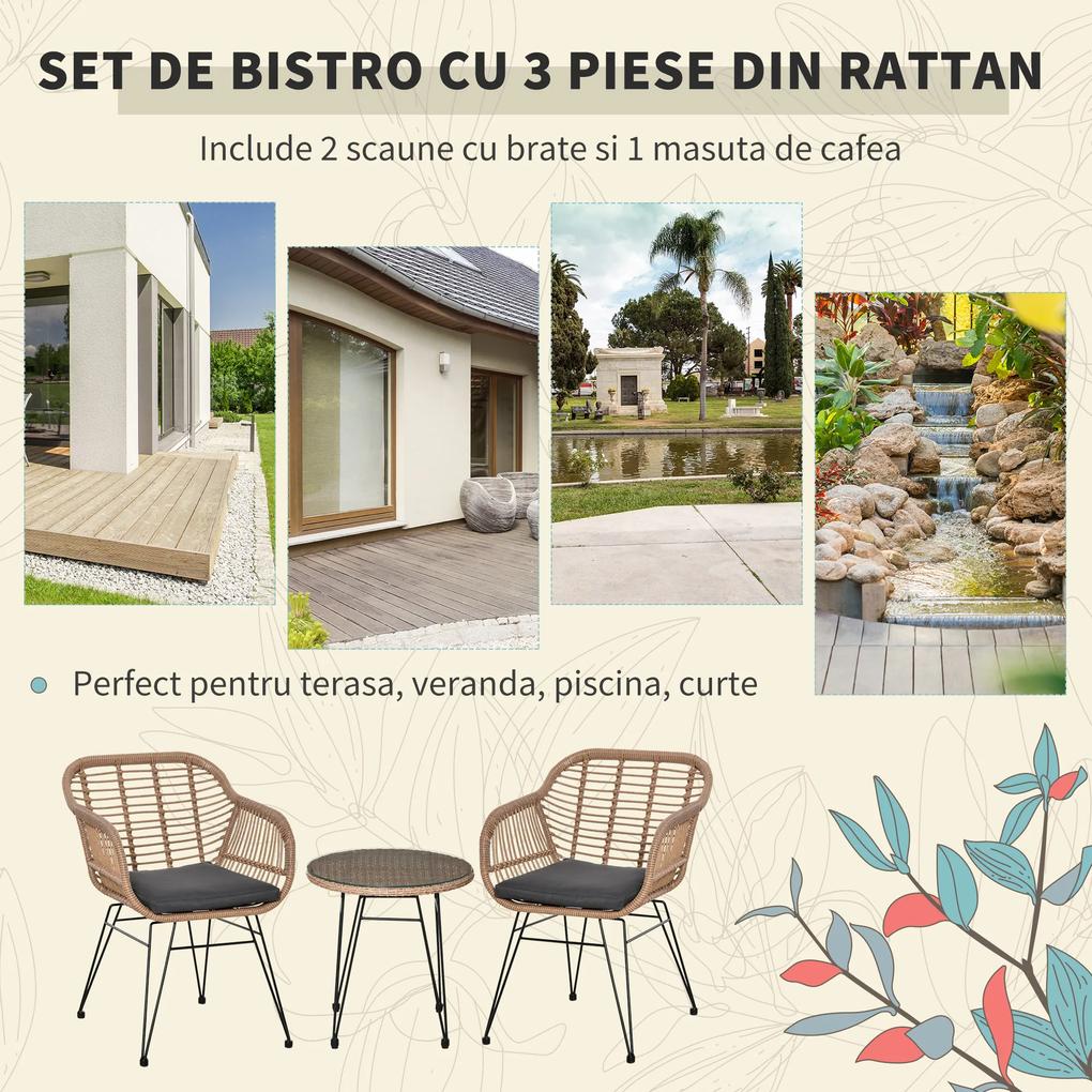 Outsunny Set Mobilier Verandă 3 Piese din Răchită, Set Exterior cu Masă și Scaune, Design Elegant pentru Patio, Gri | Aosom Romania
