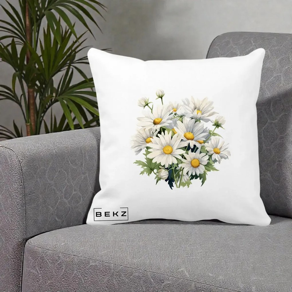Perna Decorativa Buchet Margarete Albe Acuarela, 40x40 cm, Alba Mata, Husa Detasabila, Perna Inclusa, BEKZ®