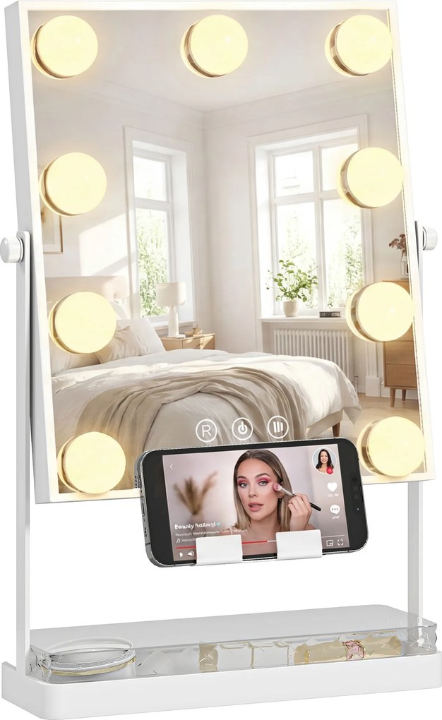 HOMCOM Hollywood Oglindă de machiaj cu lumină 9 becuri LED 3 culori comutator tactil suport pentru telefon Alb | Aosom Romania