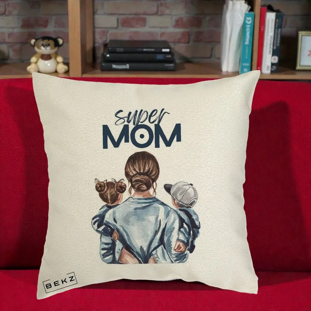 Cadou pentru Mama - Perna Personalizata Super Mom, 40x40 cm, Ecru, Husa Detasabila, Perna Inclusa, BEKZ®
