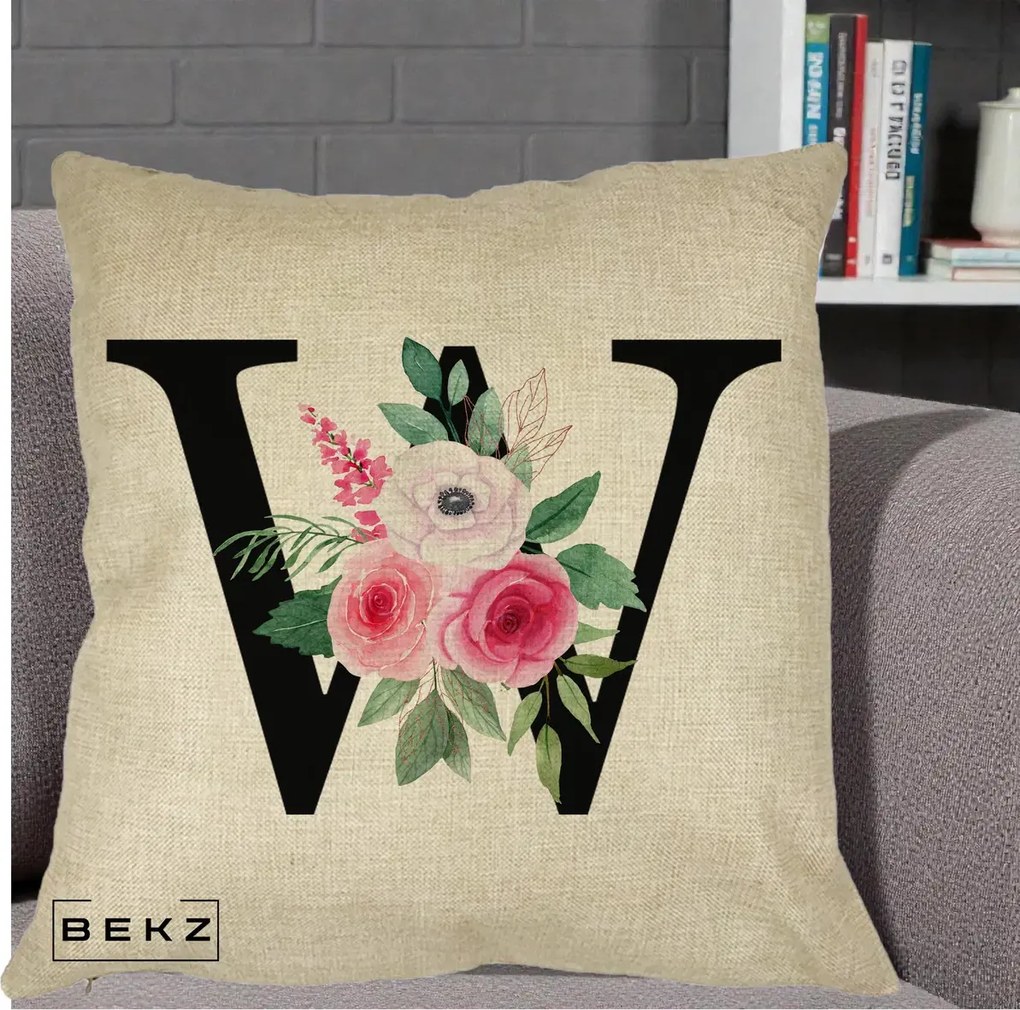 Cadou Personalizat - Perna Personalizata Monograma Florala Litera W cu Trandafiri si Anemona, 40x40 cm, Crem, Husa Detasabila, Perna Inclusa, BEKZ®