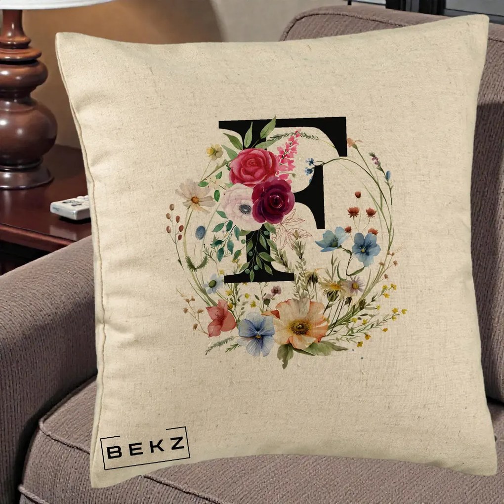 Cadou Personalizat - Perna Personalizata Monogram Litera F cu Flori Acuarela, 40x40 cm, Bej, Husa Detasabila, Perna Inclusa, BEKZ®