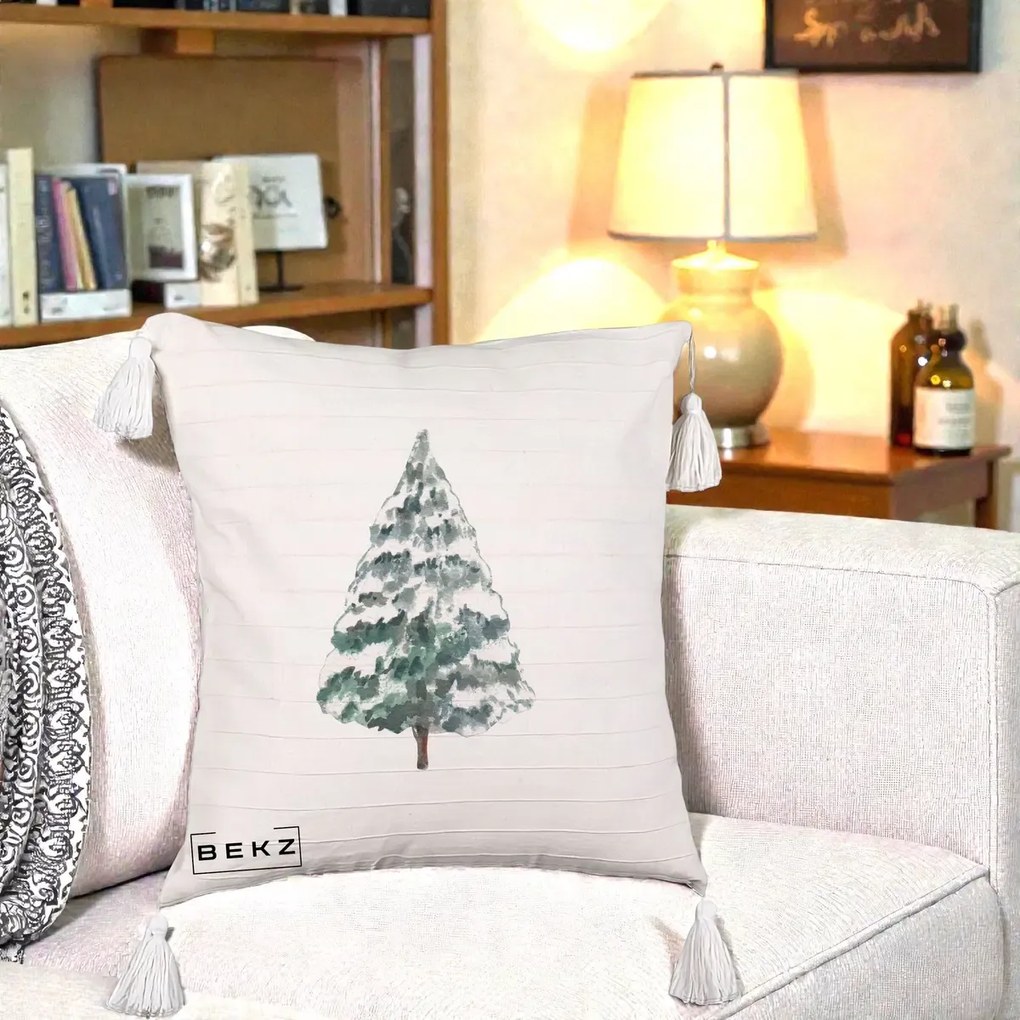 Perna Decorativa cu Franjuri cu tematica de Craciun, Brad 2, 40x40 cm, Bej cu Franjuri, Husa Detasabila, Perna Inclusa, BEKZ®