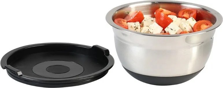 Set de 3 boluri din inox cu capac Kesper 90898, 700/1,1/1,5 l, scala de masurare, margine larga, fund antiderapant, inox