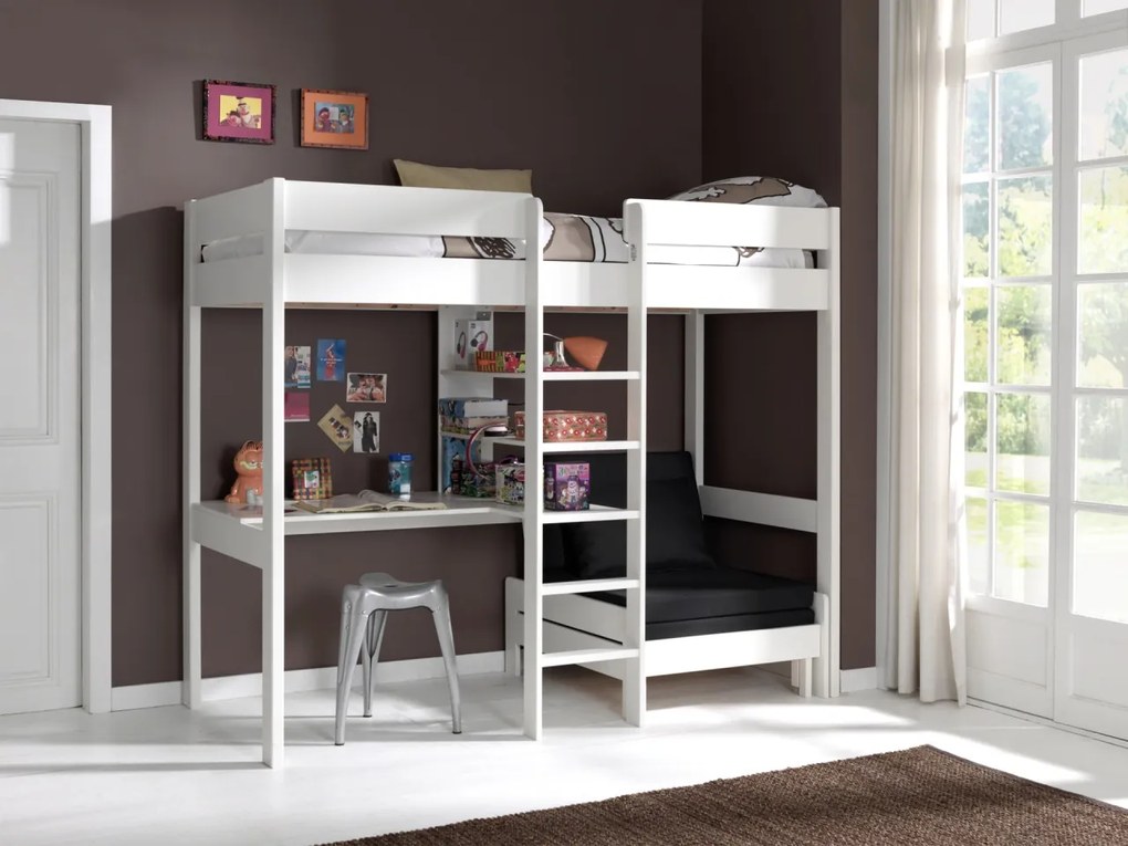 PINO Pat copii LOFT CU CANAPEA EXTENSIBILĂ 90 X 200 CM ALB