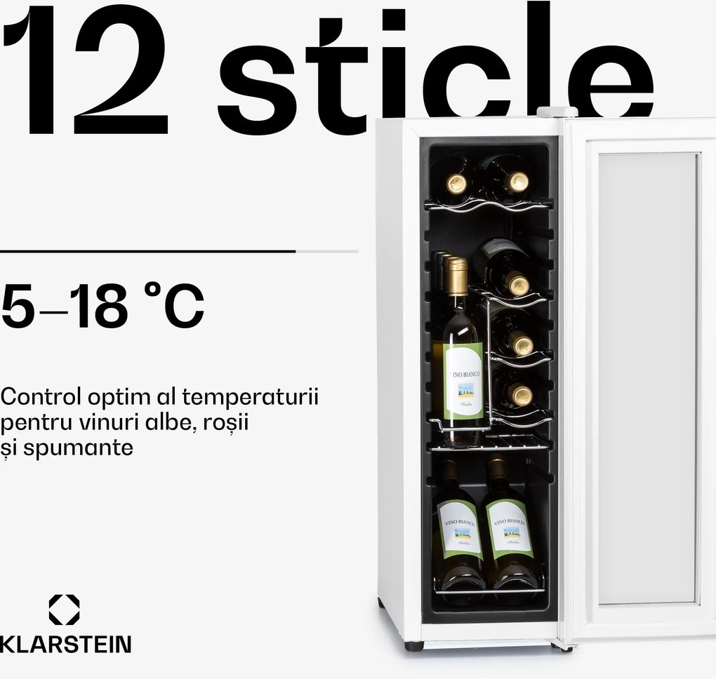 Klarstein Shiraz 12 Slim, vinotecă, 32 l, 12 sticle, 85 W, 5–18°C, panou de control tactil.