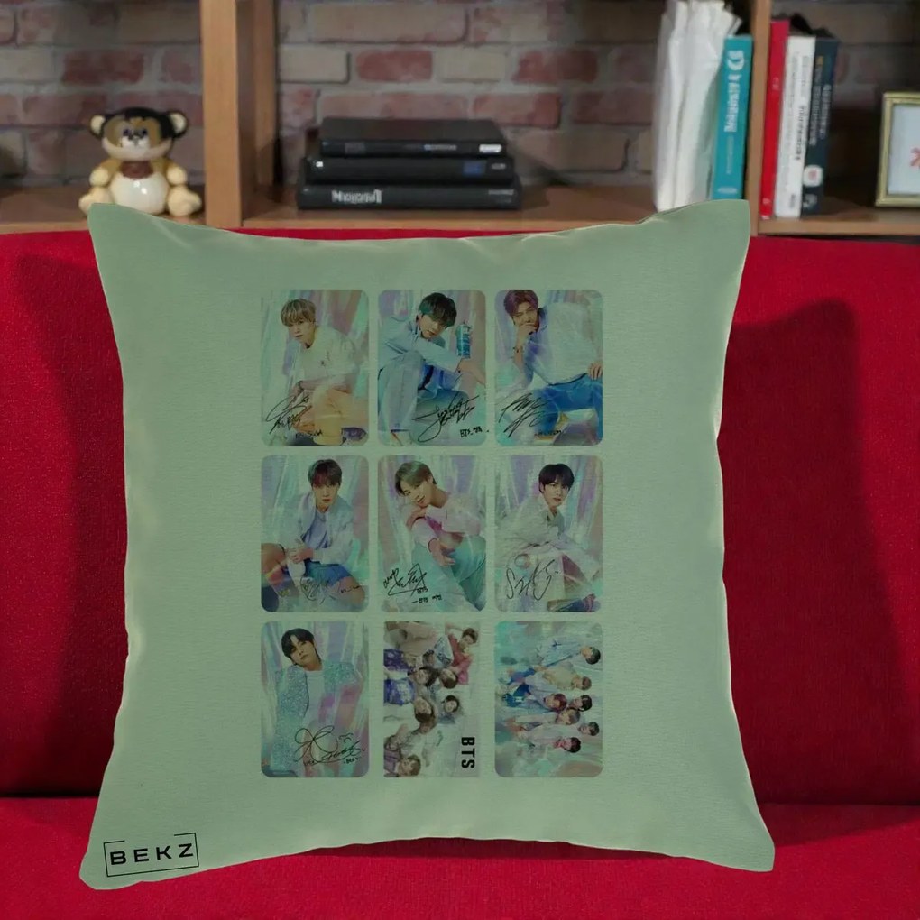 Perna Personalizata K-pop BTS Colaj 9 Fotografii Autografe Individual, 40x40 cm, Verde, Husa Detasabila, Perna Inclusa, BEKZ®