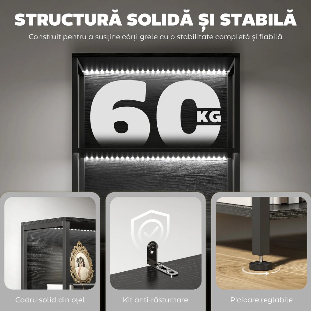 HOMCOM Bibliotecă cu 5 Rafturi, Verticală cu Iluminare LED în 7 Culori, Economisire Spațiu pentru Living, Dormitor și Birou, 60x30x179 cm, Negru | Aosom Romania