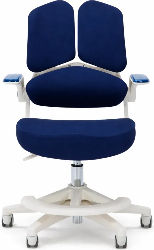RESIGILAT- ErgoMotion Junior – Scaun Ergonomic pentru copii, Reglaje Multiple, Ajustare Personalizată, Adaptabil pe măsura creșterii, Suport Lombar 3 Zone, Roți Blocabile, Bleumarin
