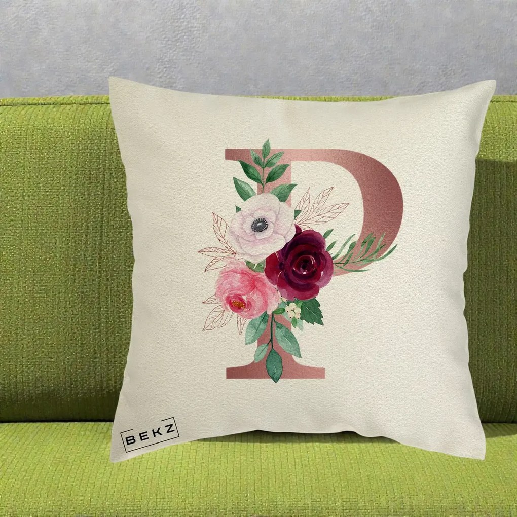 Cadou Personalizat - Perna Personalizata Monograma Rose Gold Litera P, 40x40 cm, Ecru, Husa Detasabila, Perna Inclusa, BEKZ®