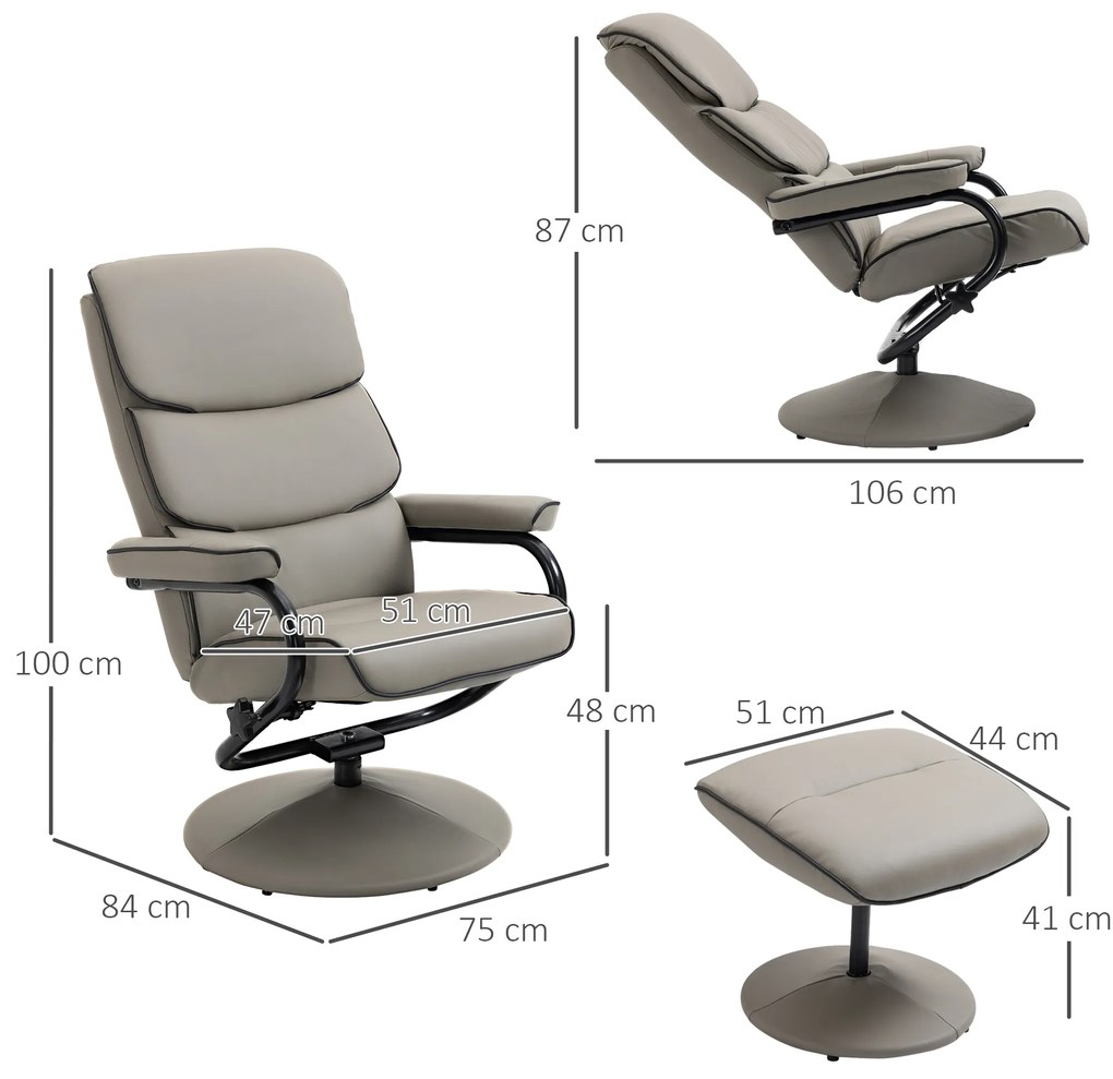 HOMCOM Fotoliu de relaxare cu puf, fotoliu TV cu spătar rabatabil, pivotant la 360° șezut căptușit confortabil, gri | Aosom Romania