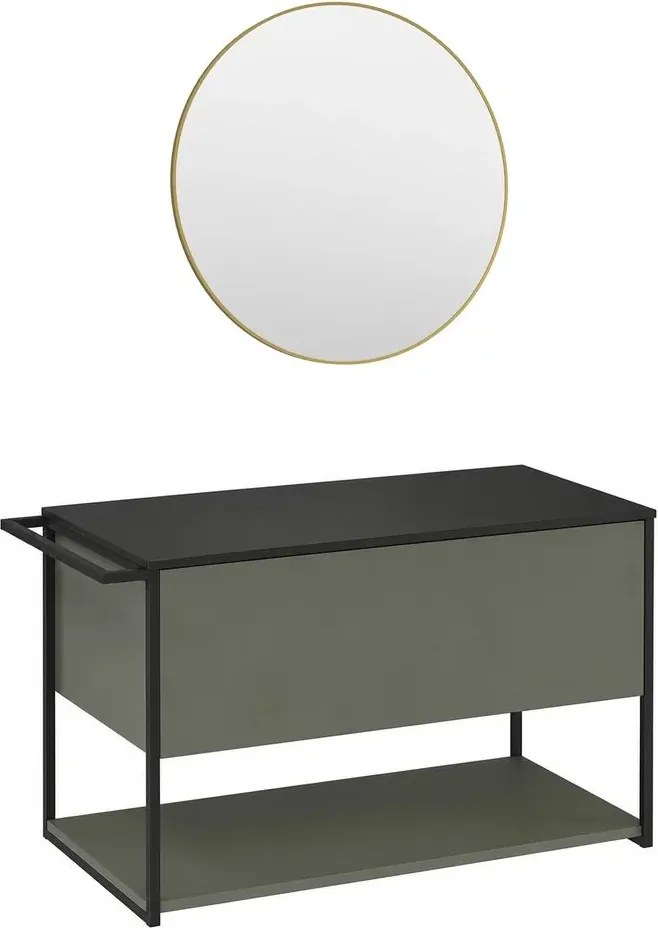 Set dulap baza suspendat Krofam Lov verde-negru 80 cm blat negru si oglinda cu rama aurie