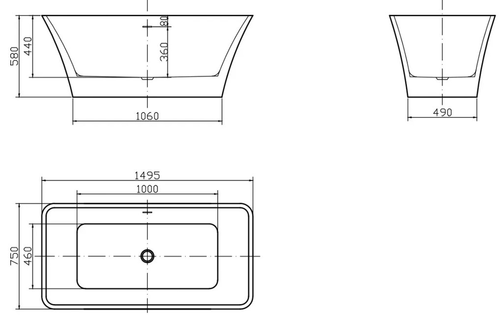 Cada freestanding Calypso dreapta 150x75 cm