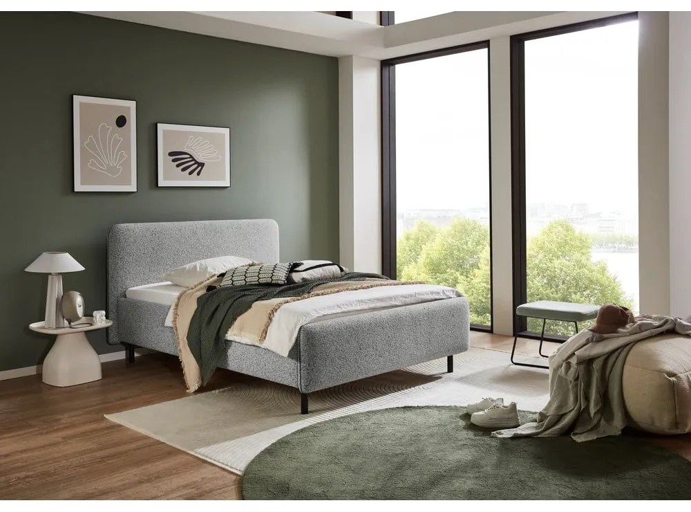 Pat matrimonial gri deschis tapițat cu spațiu de depozitare cu somieră 140x200 cm Primo – Meise Möbel
