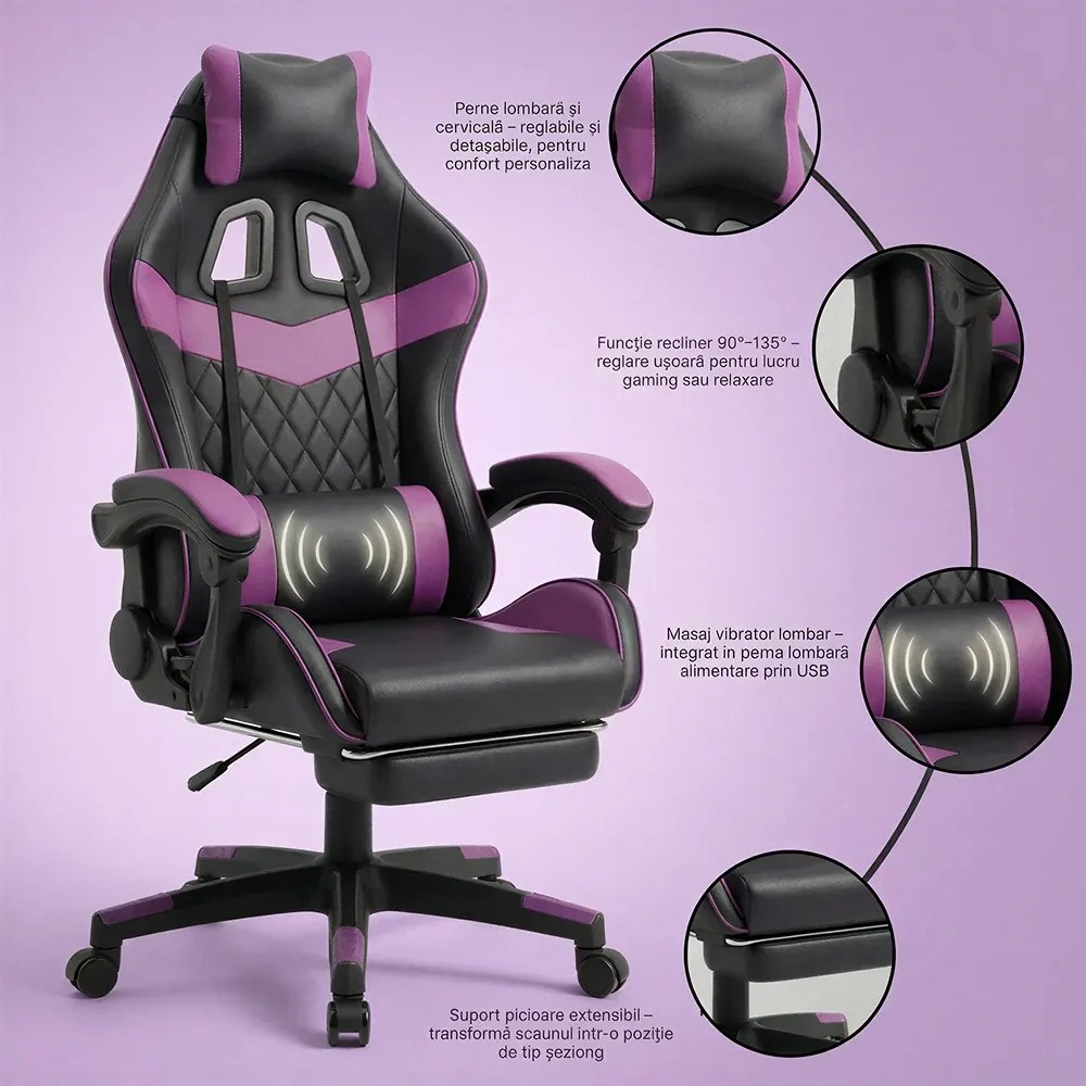 Scaun gaming, sistem iluminare bandă LED RGB, masaj în perna lombară, suport picioare, Negru/Mov