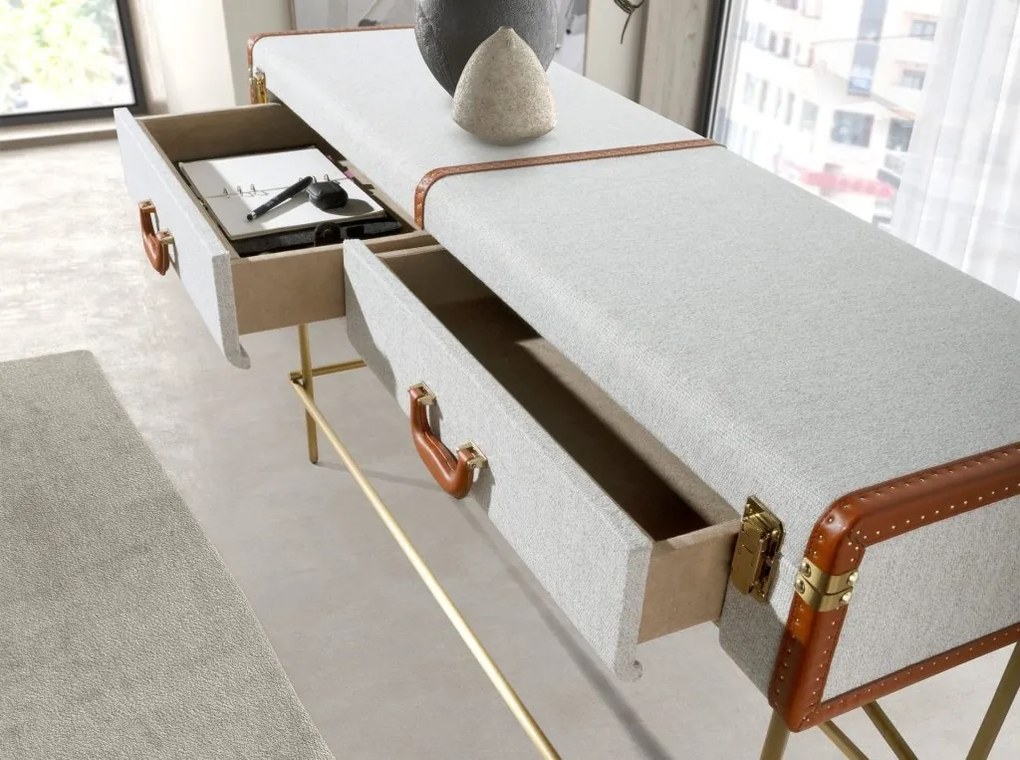 Consola LUX design italian, Tesatura gri deschis, Piele, Metal Golden