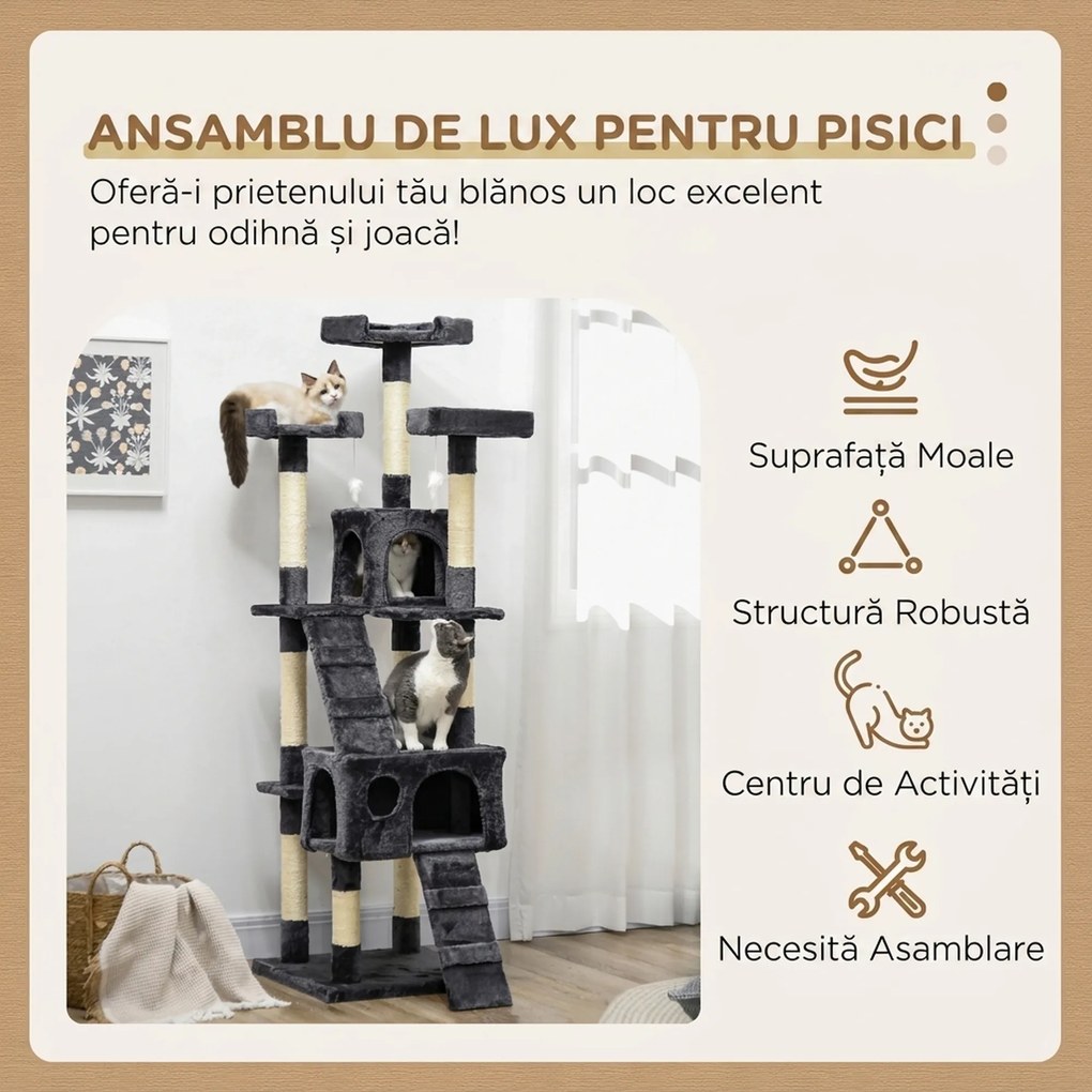 PawHut Pom pentru Pisici cu 3 Platforme 2 Căsuțe, Gri | Aosom Romania