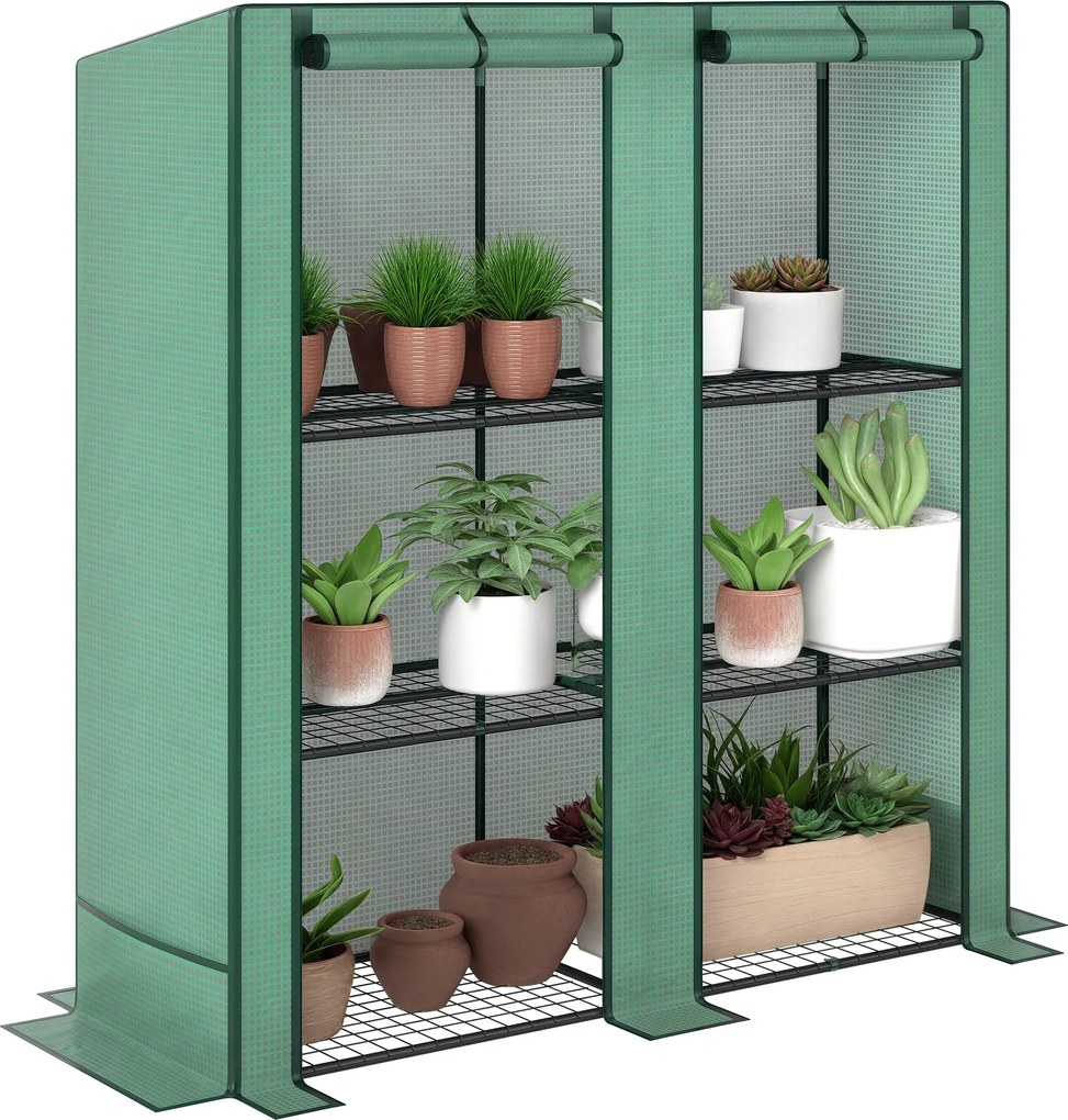 Outsunny Sera de grădină cu rafturi metalice la 3 nivele sera de balcon acoperire PE acoperiș înclinat 144 x 48 x 152 cm verde | Aosom Romania