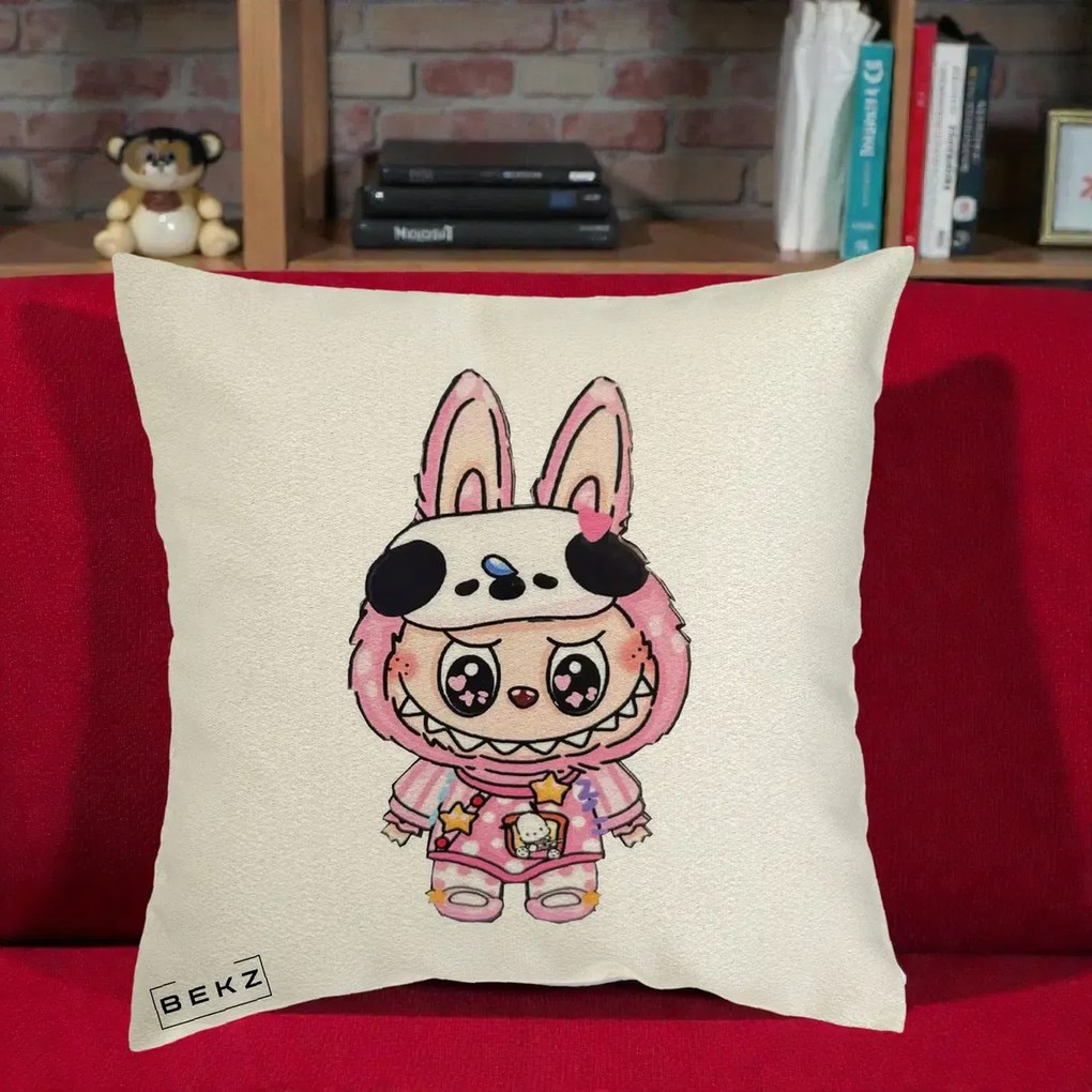 Perna Personalizata Labubu Panda-Bunny Roz, 40x40 cm, Ecru, Husa Detasabila, Perna Inclusa, BEKZ®