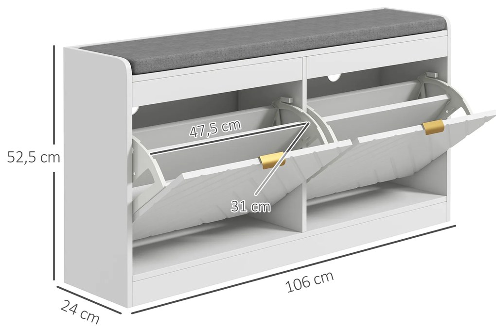 HOMCOM Banc pentru pantofi, banc de depozitare, șezut căptușit, sertar rabatabil, ușă cu model 106 x 24 x 52,5 cm, alb | Aosom Romania