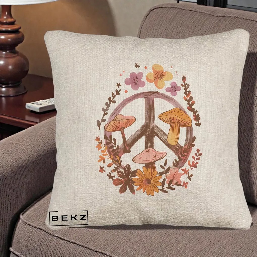 Perna Decorativa Peace Sign Ciuperci Floral, 40x40 cm, Bej Canapea, Husa Detasabila, Perna Inclusa, BEKZ®