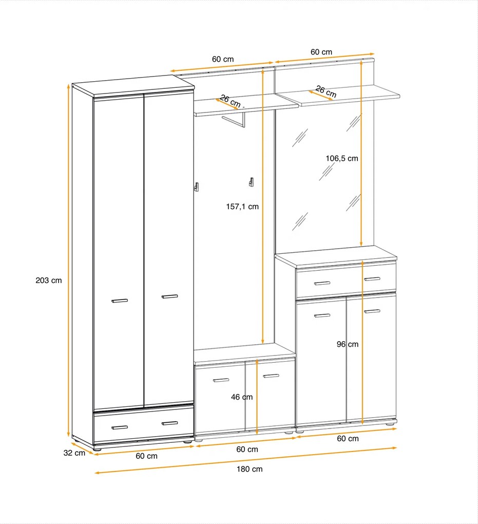 Cuier cu dulap si pantofar ,oglinda si perna inclusa, stejar sonoma, usi pvc infoliate, 180 cm lungime x 203 cm inaltime x 32 cm adancime, Bortis