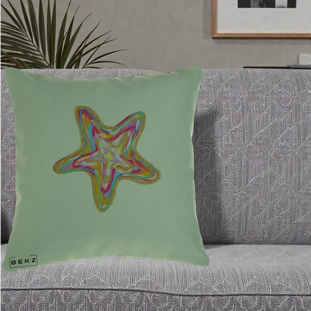 Perna Decorativa Stea de Mare Neon Curcubeu, 40x40 cm, Verde, Husa Detasabila, Perna Inclusa, BEKZ®
