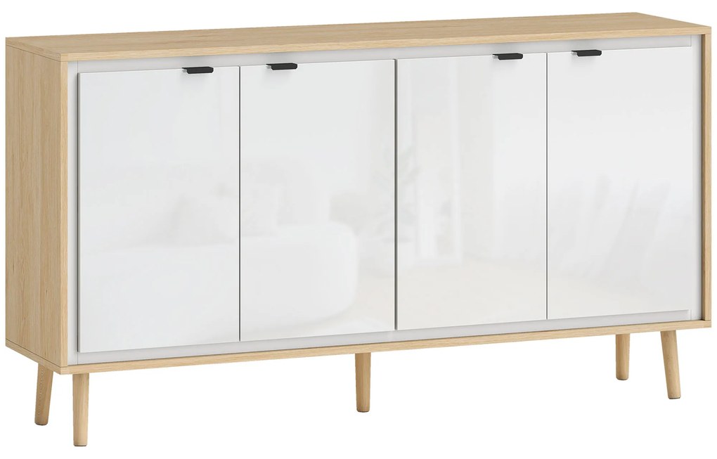 HOMCOM Bufet Modern cu 4 Uși și Raft Reglabil 141x35x77cm Alb și Stejar | Aosom Romania