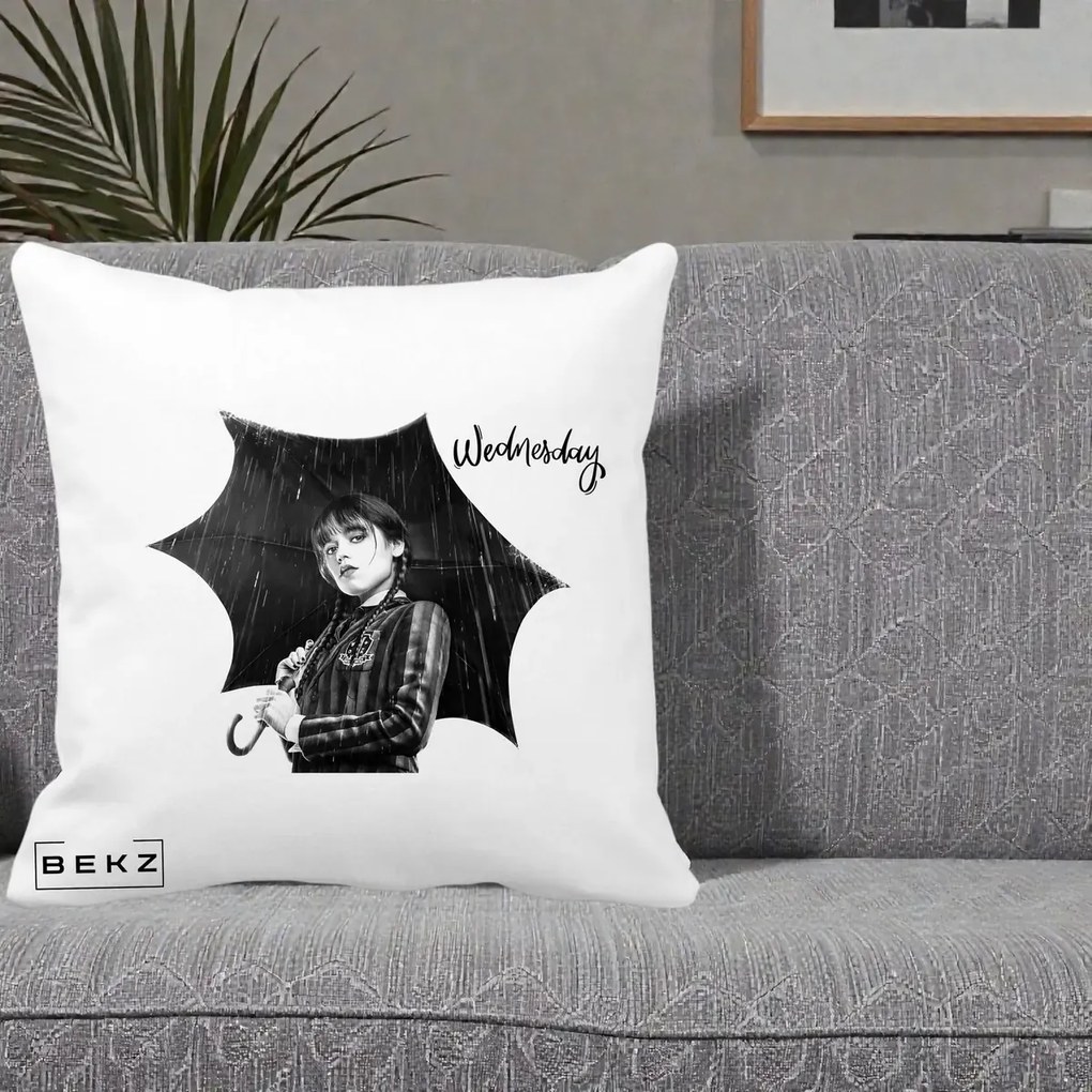 Perna Personalizata Wednesday Addams cu Umbrela Foto, 40x40 cm, Alba Mata, Husa Detasabila, Perna Inclusa, BEKZ®