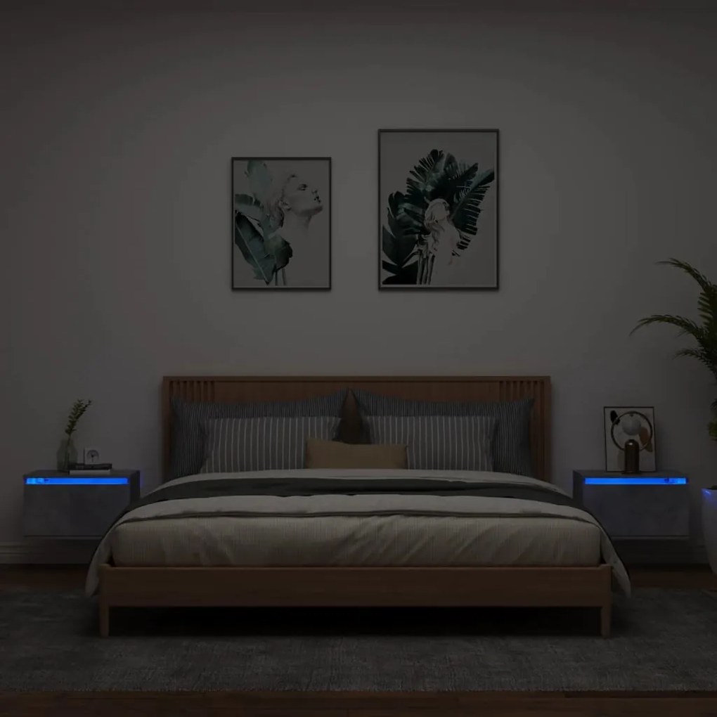 vidaXL Noptiere montate pe perete cu lumini LED, 2 buc., gri beton