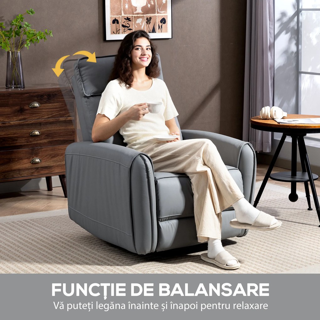 HOMCOM Fotoliu Reclinabil Manual cu Suport pentru Picioare din Material Textil Efect Piele și Bază Rotativă, Gri | Aosom Romania