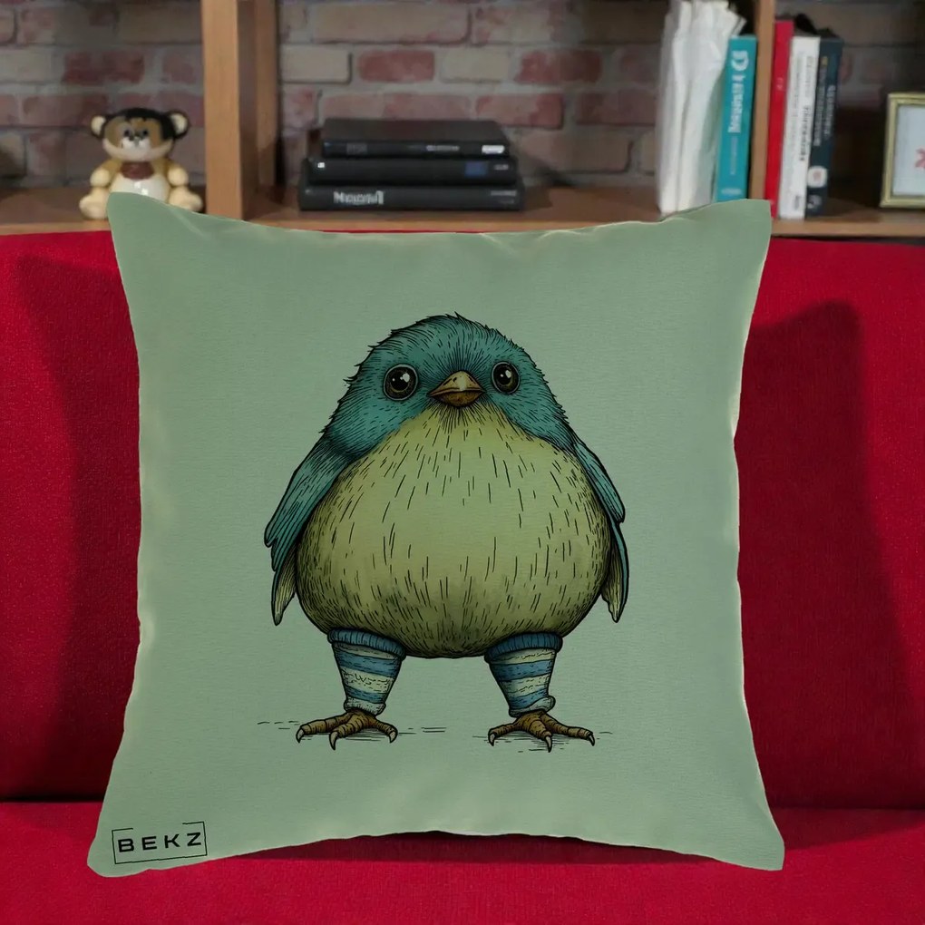 Perna Decorativa Pasare Albastra cu Sosete Albastre, 40x40 cm, Verde, Husa Detasabila, Perna Inclusa, BEKZ®