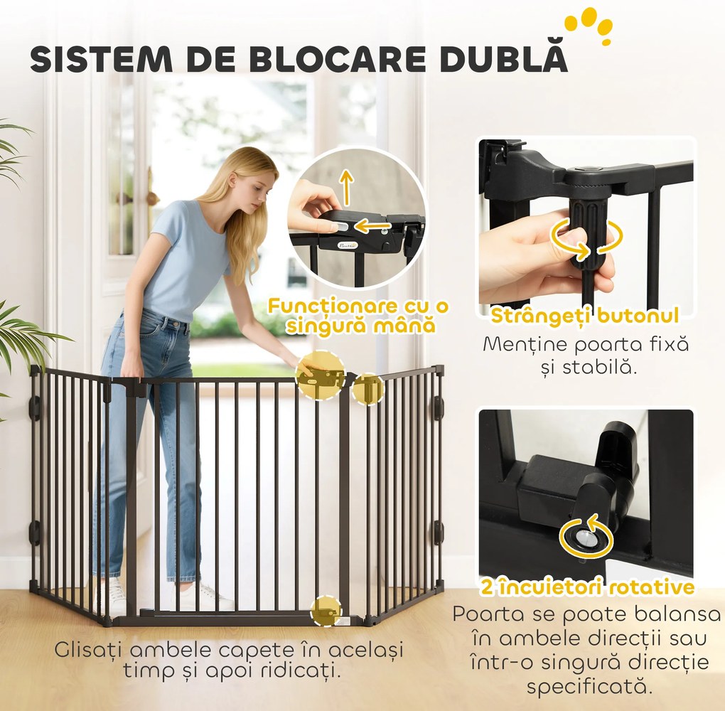 PawHut Poartă de Siguranță Pliabilă Oțel Închidere/Blocare Automată 202.5x2x76 cm Neagră Ușor de Folosit | Aosom Romania