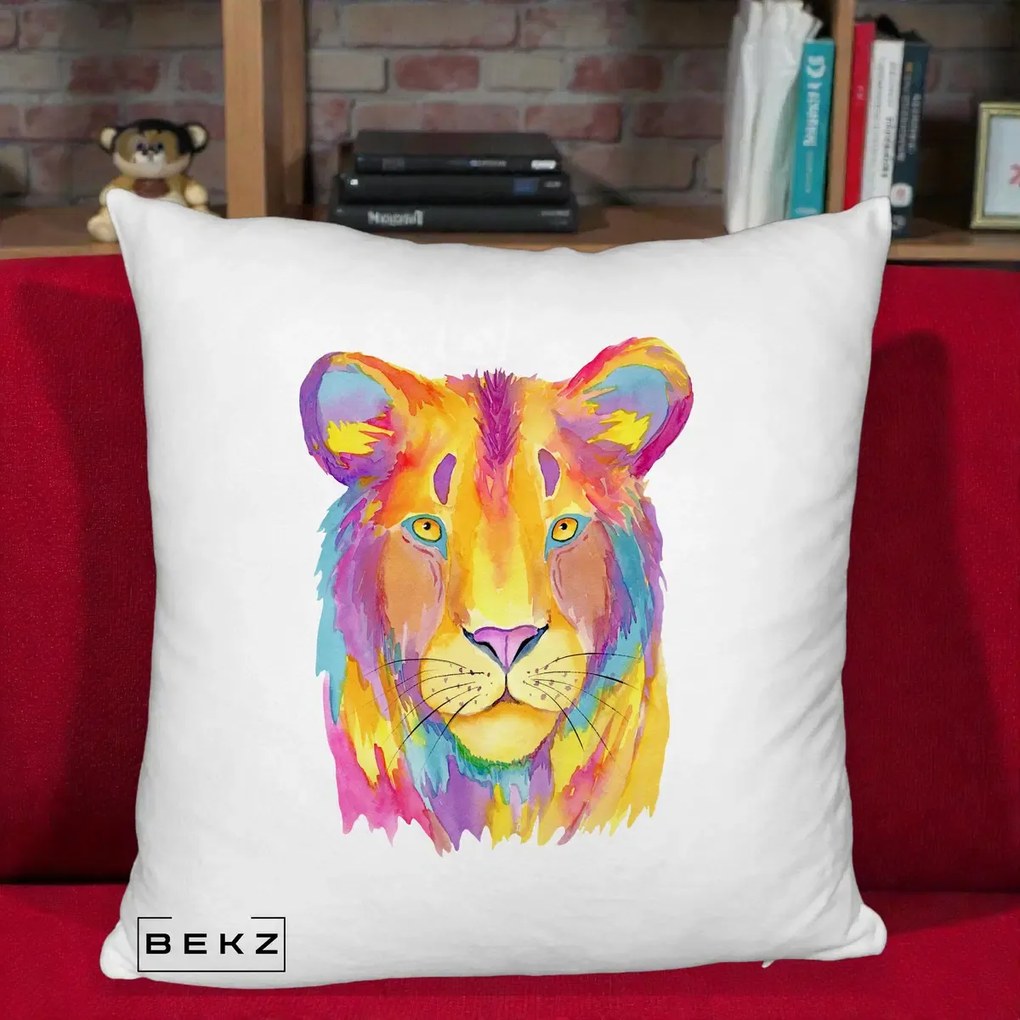 Perna Decorativa Leu Acuarela Curcubeu, 40x40 cm, Alb Pufos, Husa Detasabila, Perna Inclusa, BEKZ®