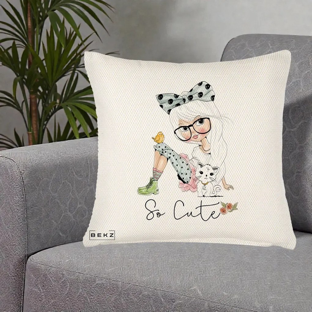 Perna Decorativa So Cute Fata Fashion, 40x40 cm, Crem Reliefat, Husa Detasabila, Perna Inclusa, BEKZ®
