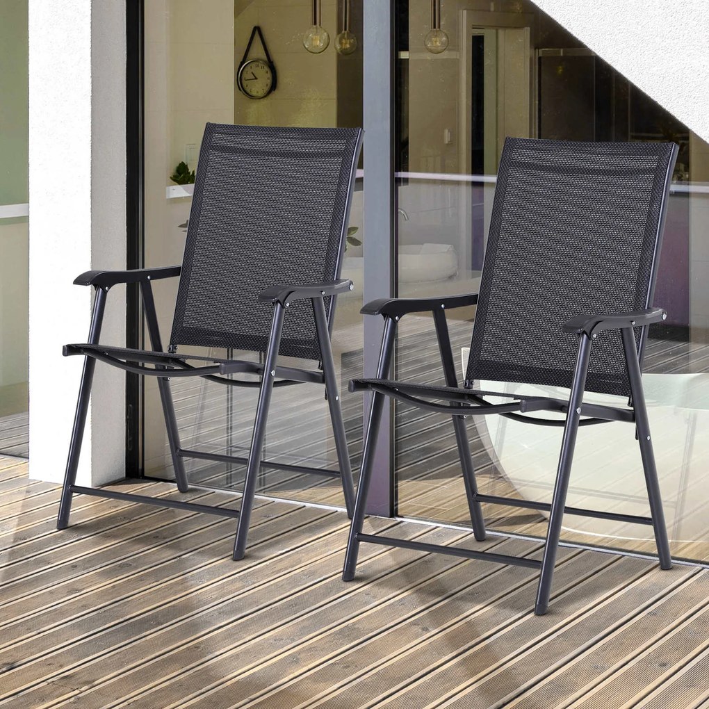 Outsunny Set 2 Scaune de Grădină Pliabile cu Brațe, Scaune pentru Prânz de Exterior din Metal și Texteline, pentru Terasă, Balcon, Curte, Interior și Exterior, 58x64x94cm, Negru | Aosom Romania