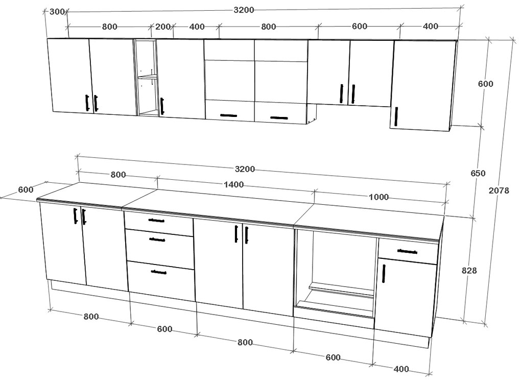 Set haaus V28, Gri Lucios/Alb, MDF, Blat Thermo 28 mm, L 320 cm