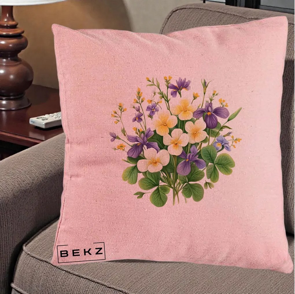 Perna Decorativa Viorele Iris Violet si Trifoi, 40x40 cm, Roz, Husa Detasabila, Perna Inclusa, BEKZ®