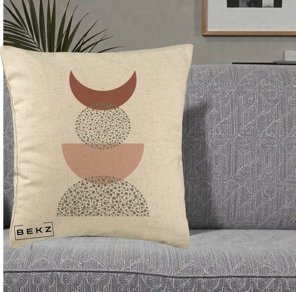 Perna Decorativa Boho Luna Plina si Forme Punctate, 40x40 cm, Bej, Husa Detasabila, Perna Inclusa, BEKZ®